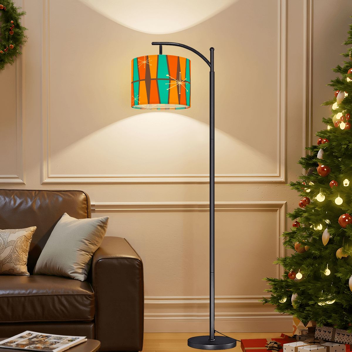 Kate McEnroe New York Atomic Starburst Mid Century Modern Floor Lamp, Retro 50s Arc Lamp, Vintage Orange Teal Geometric Shade Accent LightingArc Floor LampsCXWtoKsSVO