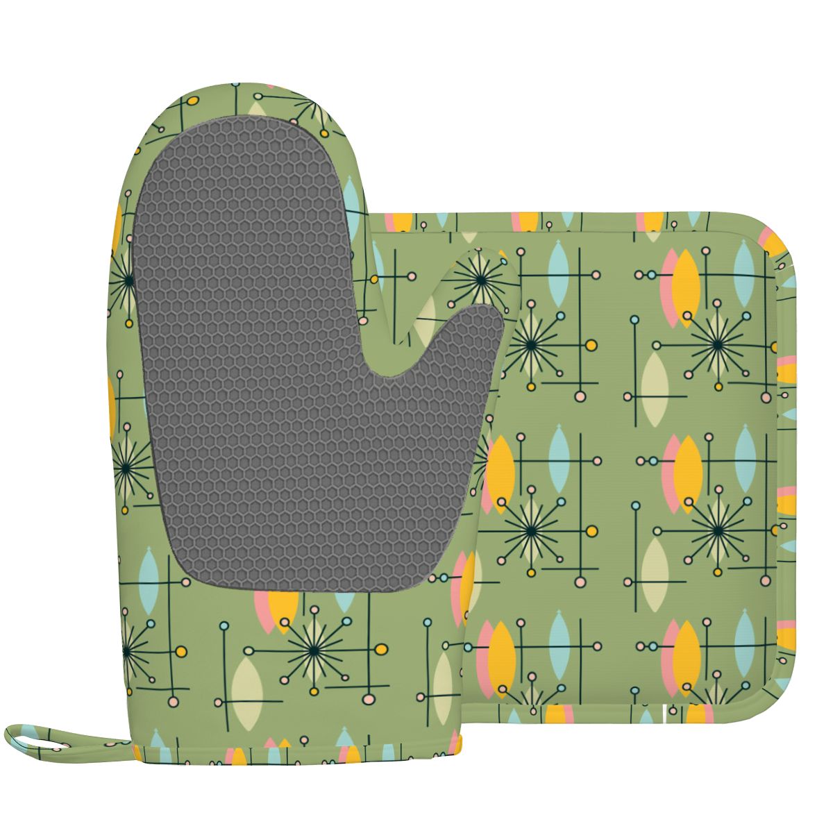 Kate McEnroe New York Atomic Starburst Oven Mitt Pot Holder Set, Mid Century Modern Kitchen (Right)Oven Mitts &amp; Pot Holder SetsPK3sF3CNR