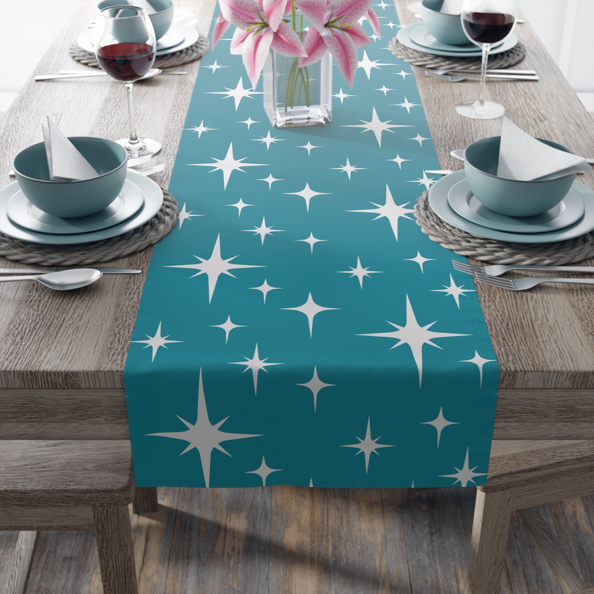 Kate McEnroe New York Atomic Starburst Table Runner, Mid Century Modern Retro Teal Dining Table Decor, 50s Style Geometric Home AccentTable Runners88537183823628824635