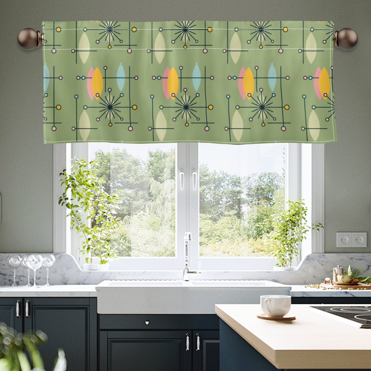 Kate McEnroe New York Atomic Starburst Window Valance, Mid Century Modern Geometric Green DraperyValancesH5KRTB - T2AMRQ - 22DRJ7