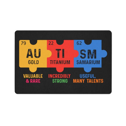 Kate McEnroe New York Autism Awareness Floor Mat, Gold - Valuable &amp; Rare, Titanium - Incredibly Strong, Samarium - Useful, Many Talents, Autism Awareness MatFloor Mat39876761991641500484