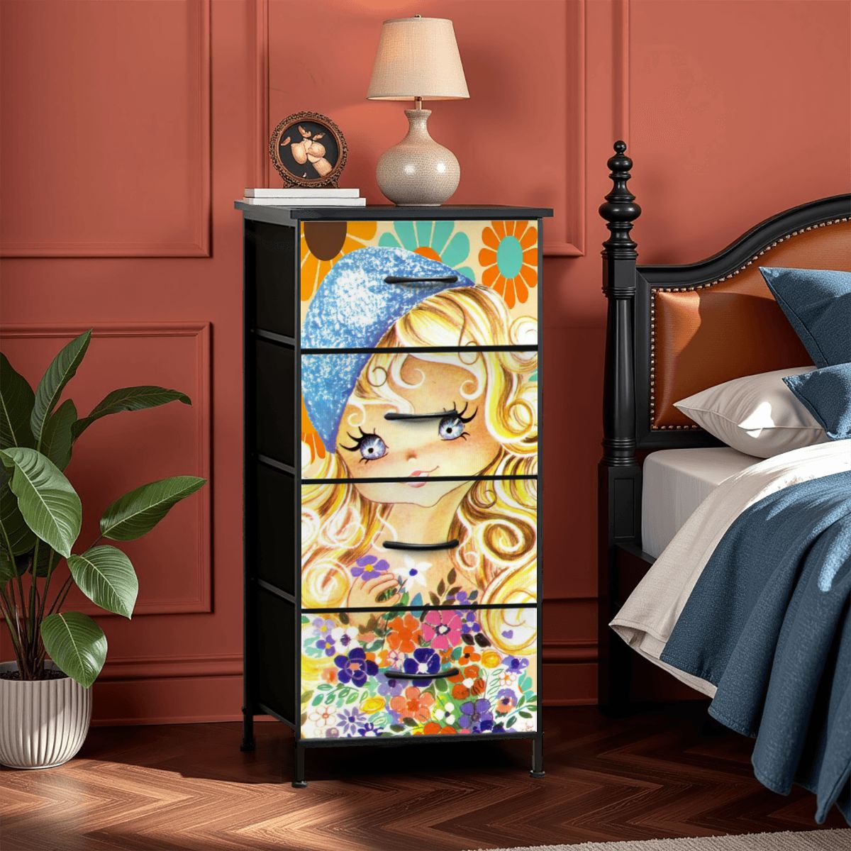 Big Eyed Girl Retro Vintage Tall Dresser, 70s Kitsch Flower Power Storage Chest Big Eyed Girl Retro Vintage Tall Dresser, 70s Kitsch Flower Power Storage Chest
