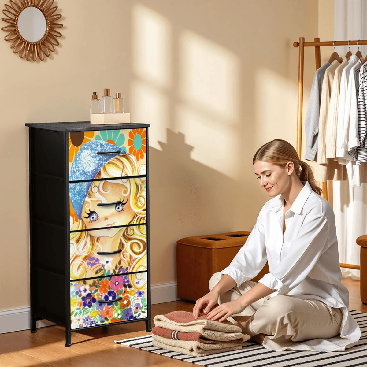 Kate McEnroe New York Big Eyed Girl Retro Vintage Tall Dresser, 70s Kitsch Flower Power Storage ChestDressersei4fTMfDuk
