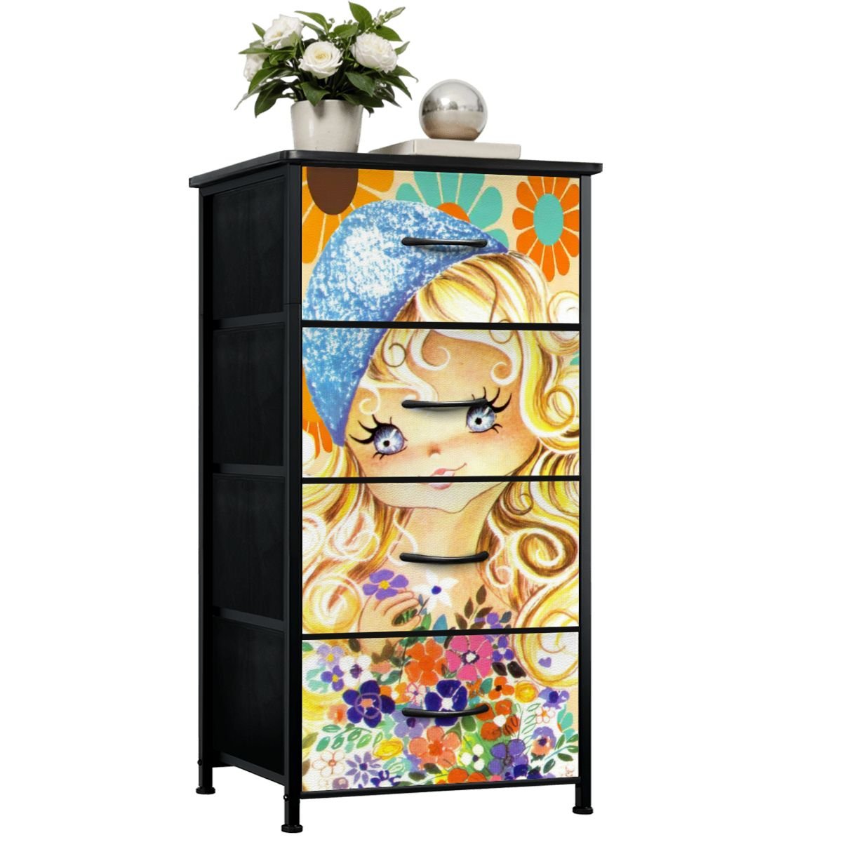 Kate McEnroe New York Big Eyed Girl Retro Vintage Tall Dresser, 70s Kitsch Flower Power Storage ChestDressersei4fTMfDuk