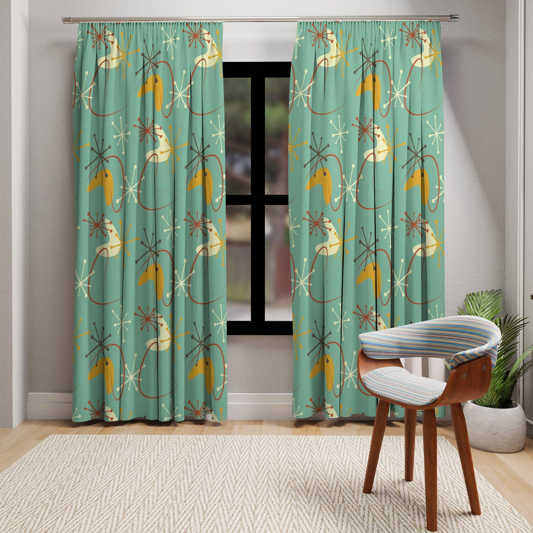 Kate McEnroe New York Blackout or Sheer Window Curtains In Mid Century Modern Atomic Retro 1950s BoomerangWindow CurtainsW30D - GRN - BMG - SH9