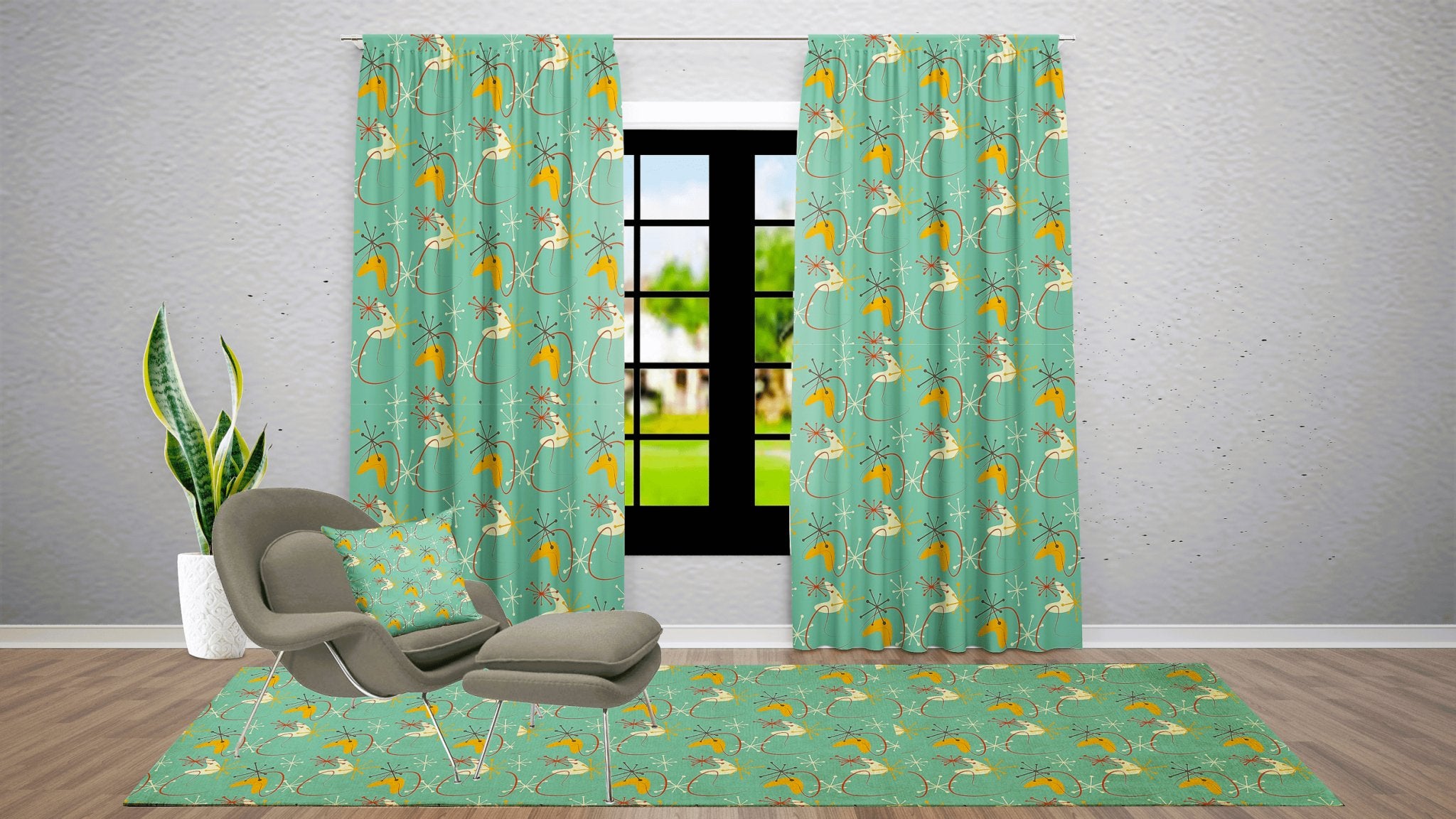 Kate McEnroe New York Blackout or Sheer Window Curtains In Mid Century Modern Atomic Retro 1950s BoomerangWindow CurtainsW30D - GRN - BMG - SH9