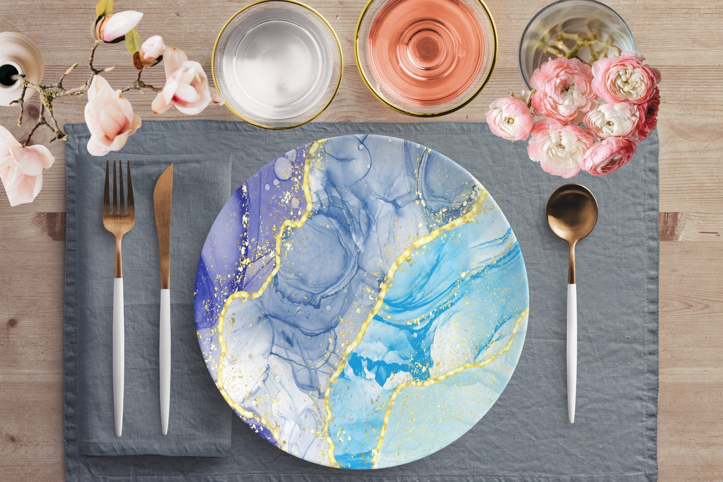 Kate McEnroe New York Blue and Gold Glitters Marble Dinner Plate Plates Single 9820SINGLE