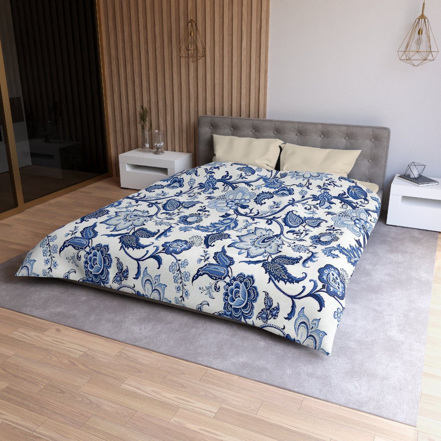 Printify Blue and White Chinoiserie Jacobean Floral Microfiber Duvet Cover, Grandmillenial Bedroom Decor Home Decor Queen / Cream 12008812778141280901