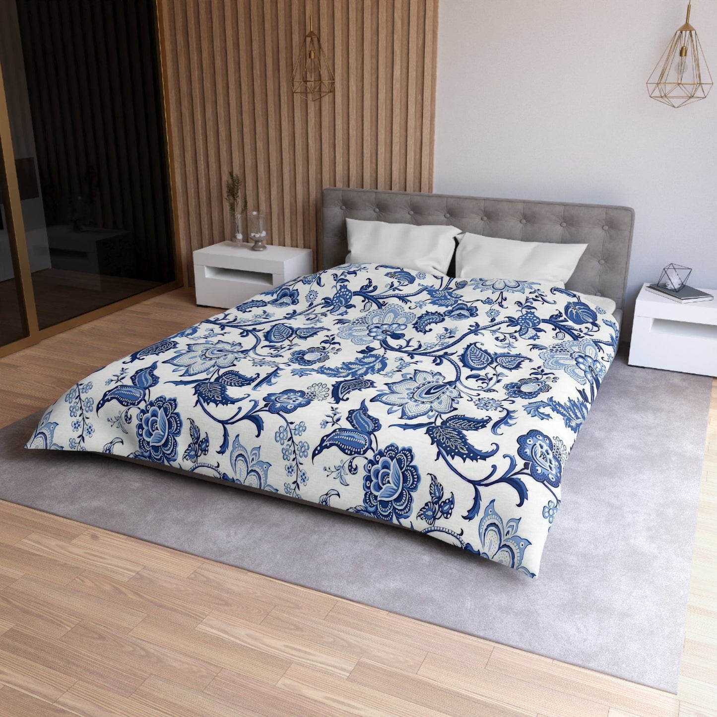 Printify Blue and White Chinoiserie Jacobean Floral Microfiber Duvet Cover, Grandmillenial Bedroom Decor Home Decor Queen / White 32270931202932876427
