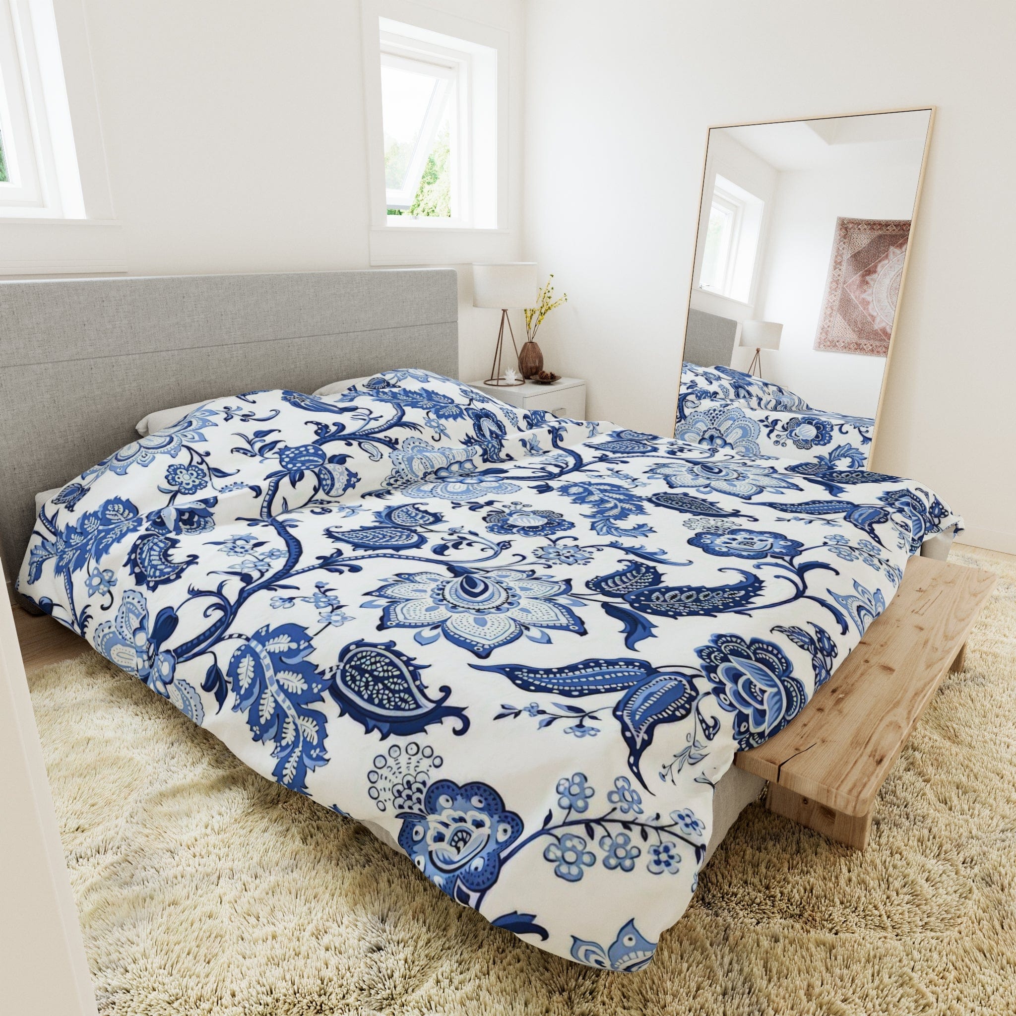 Kate McEnroe New York Blue and White Chinoiserie Jacobean Floral Microfiber Duvet Cover, Grandmillenial Bedroom DecorDuvet Covers17048351975784242406