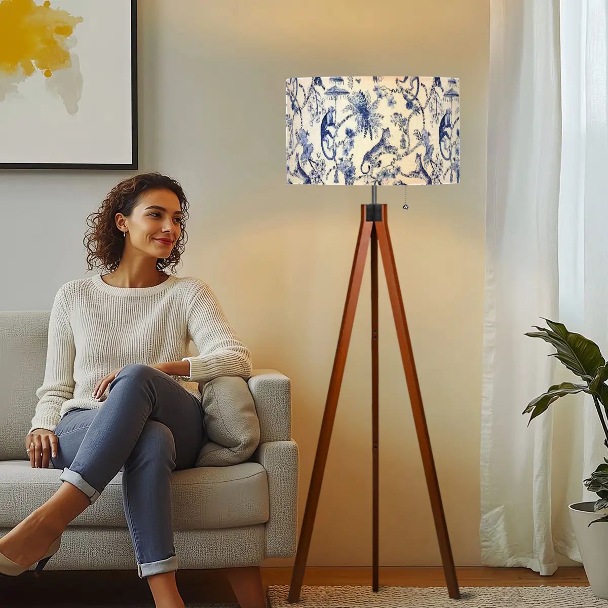 Kate McEnroe New York Blue and White Chinoiserie Monkey Leopard Tripod Floor LampTripod Floor LampsMrVgs9Eny1