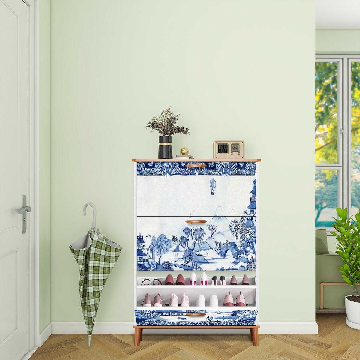 Kate McEnroe New York Blue Willow Chinoiserie Shoe Cabinet, Asian Inspired Storage Organizer, Vintage Pagoda Landscape FurnitureShoe StoragemewOeBULxg