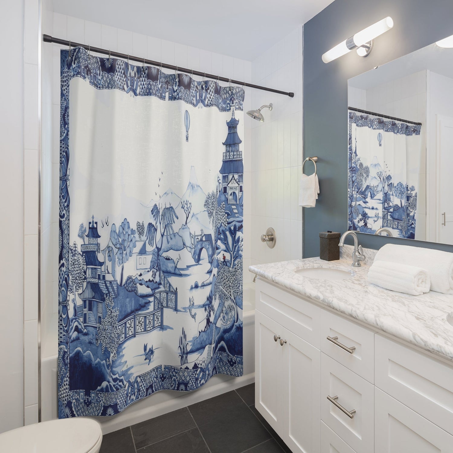 Kate McEnroe New York Blue Willow Chinoiserie Shower Curtain, Traditional Blue and White Landscape Bathroom DecorShower Curtains25874413346214722636