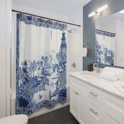 Kate McEnroe New York Blue Willow Chinoiserie Shower Curtain, Traditional Blue and White Landscape Bathroom DecorShower Curtains25874413346214722636