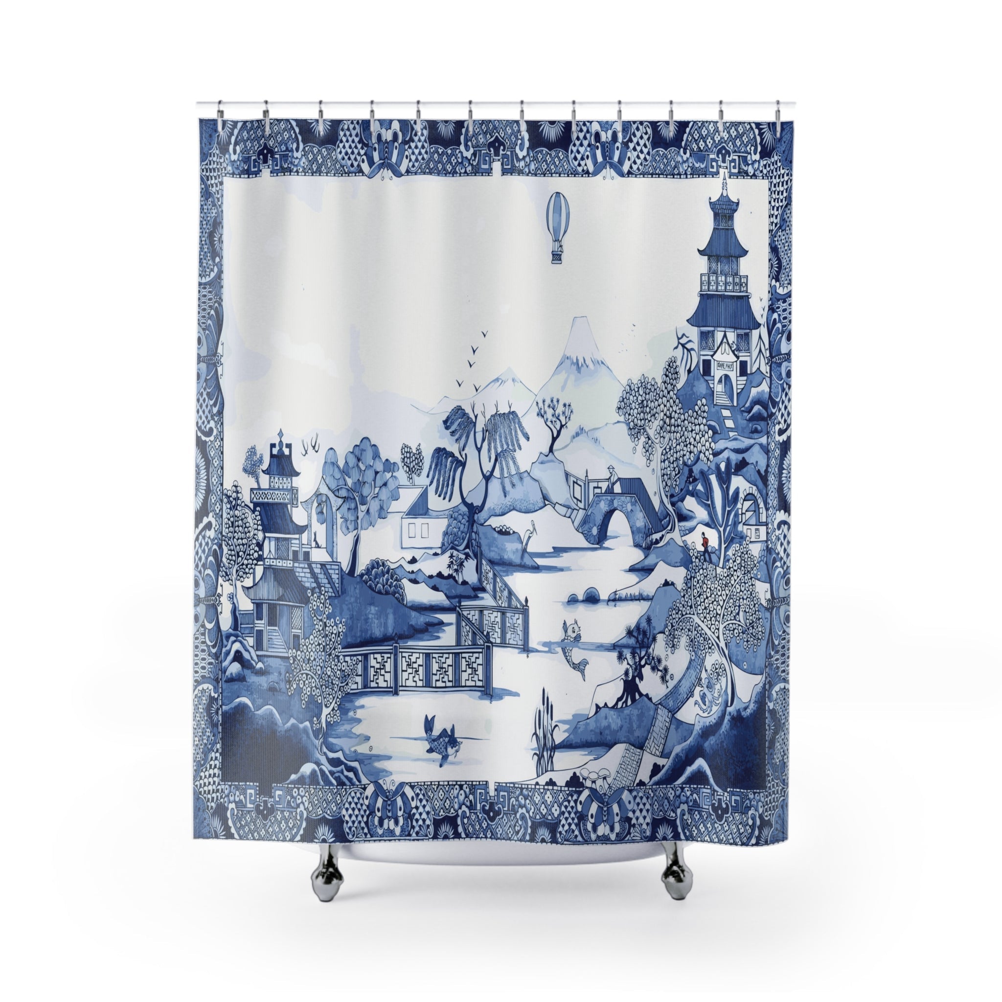 Kate McEnroe New York Blue Willow Chinoiserie Shower Curtain, Traditional Blue and White Landscape Bathroom DecorShower Curtains25874413346214722636