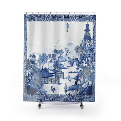 Kate McEnroe New York Blue Willow Chinoiserie Shower Curtain, Traditional Blue and White Landscape Bathroom DecorShower Curtains25874413346214722636