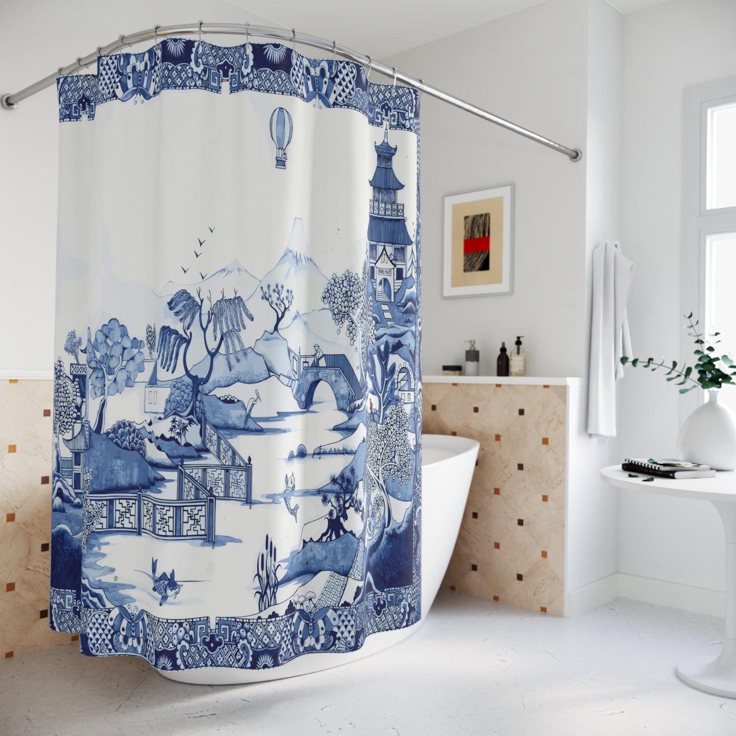Kate McEnroe New York Blue Willow Chinoiserie Shower Curtain, Traditional Blue and White Landscape Bathroom DecorShower Curtains25874413346214722636