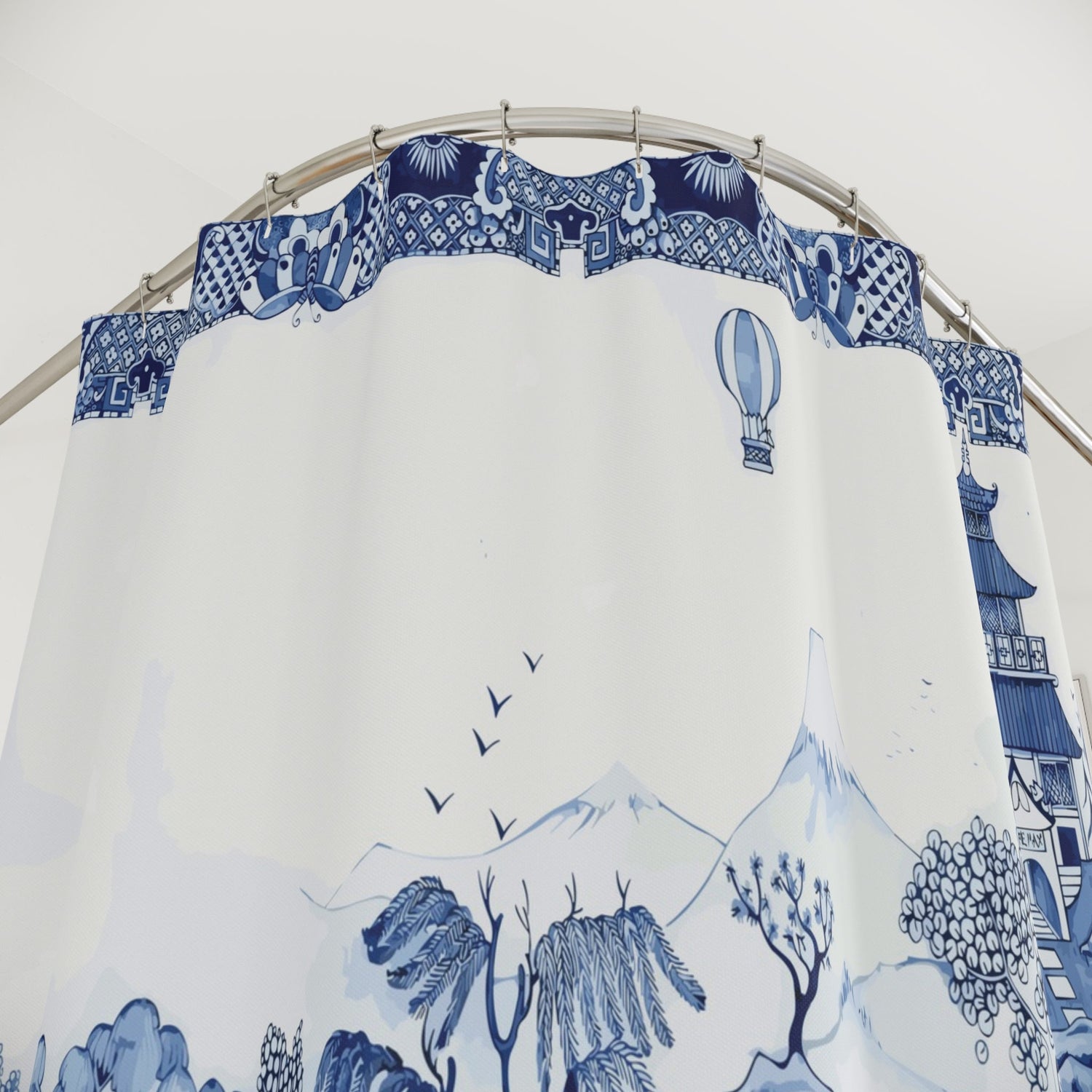 Kate McEnroe New York Blue Willow Chinoiserie Shower Curtain, Traditional Blue and White Landscape Bathroom DecorShower Curtains25874413346214722636