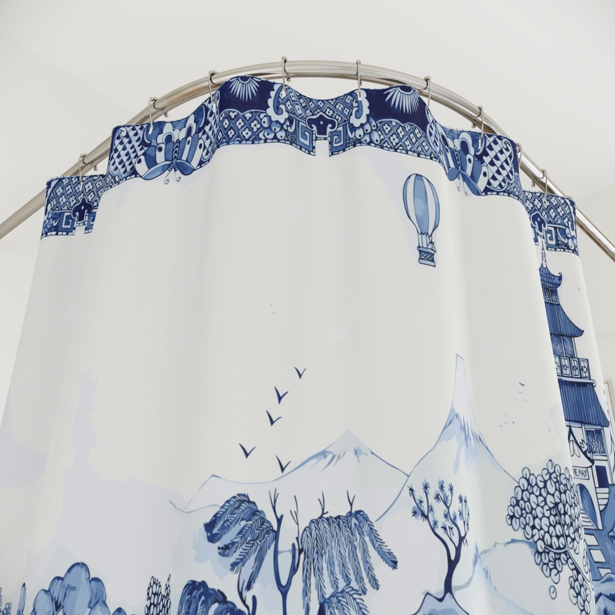 Kate McEnroe New York Blue Willow Chinoiserie Shower Curtain, Traditional Blue and White Landscape Bathroom DecorShower Curtains25874413346214722636