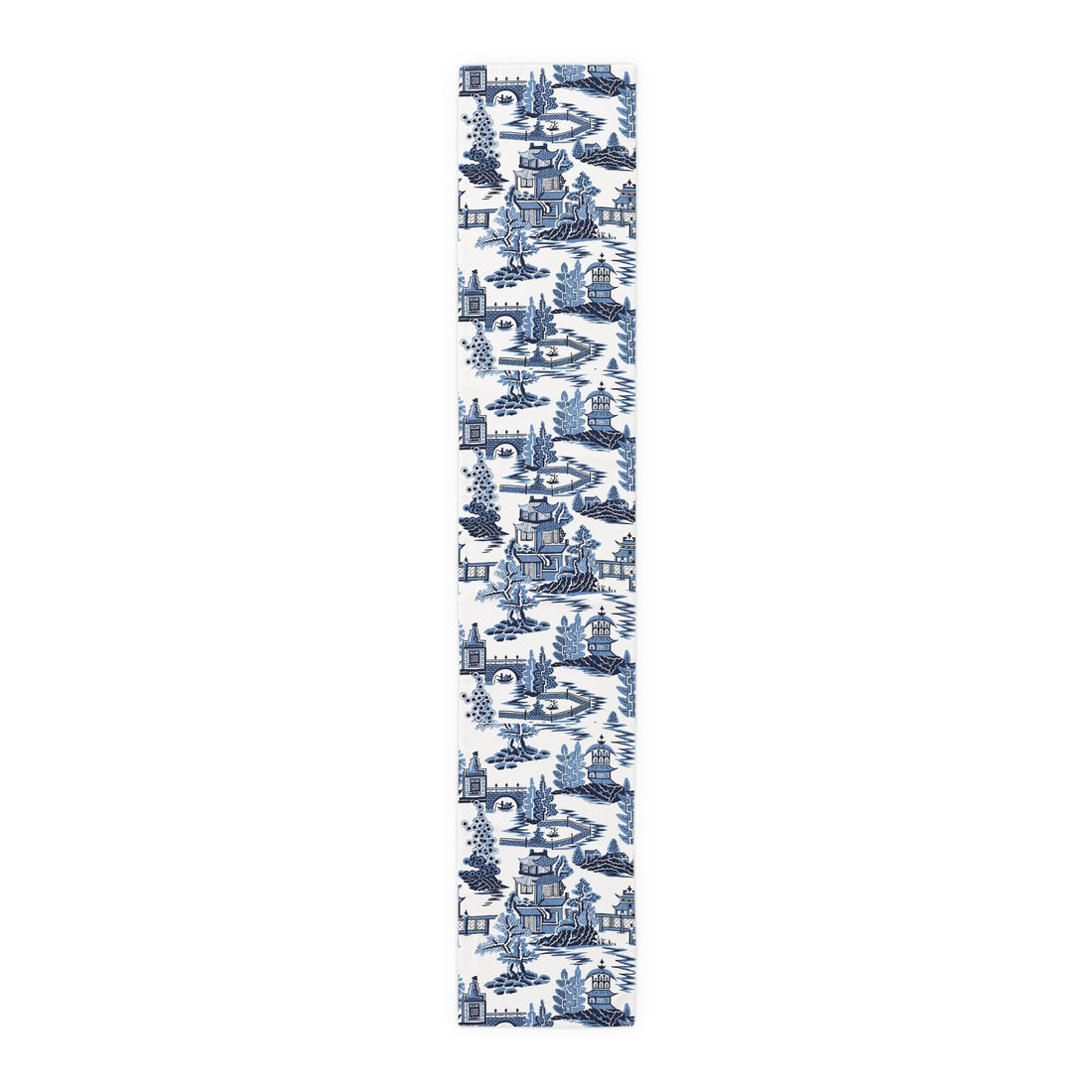 Kate McEnroe New York Blue Willow Pagoda Table Runner, Traditional Blue White Asian Scene Dining Table LinensTable Runners54814726423059640938