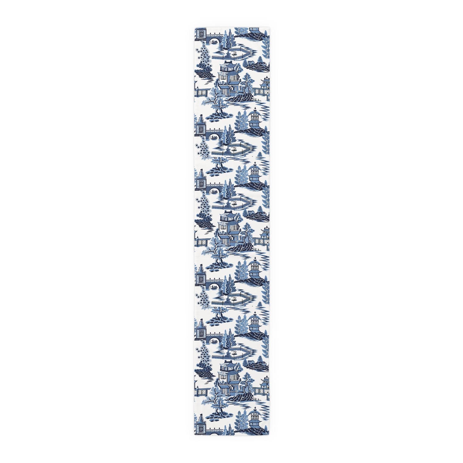 Kate McEnroe New York Blue Willow Pagoda Table Runner, Traditional Blue White Asian Scene Dining Table LinensTable Runners54814726423059640938