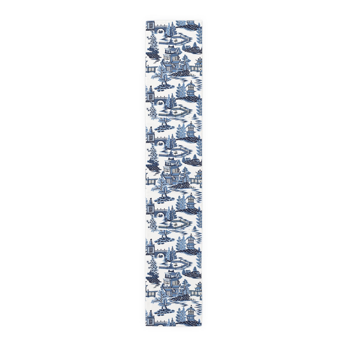 Kate McEnroe New York Blue Willow Pagoda Table Runner, Traditional Blue White Asian Scene Dining Table LinensTable Runners54814726423059640938