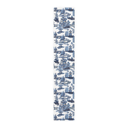 Kate McEnroe New York Blue Willow Pagoda Table Runner, Traditional Blue White Asian Scene Dining Table LinensTable Runners54814726423059640938
