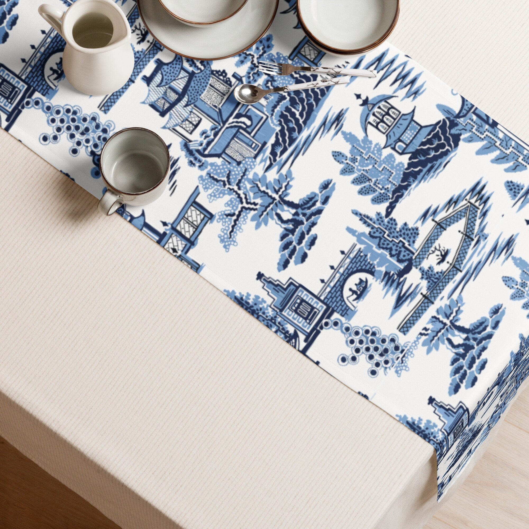 Kate McEnroe New York Blue Willow Pagoda Table Runner, Traditional Blue White Asian Scene Dining Table LinensTable Runners54814726423059640938