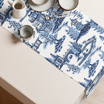 Kate McEnroe New York Blue Willow Pagoda Table Runner, Traditional Blue White Asian Scene Dining Table LinensTable Runners54814726423059640938
