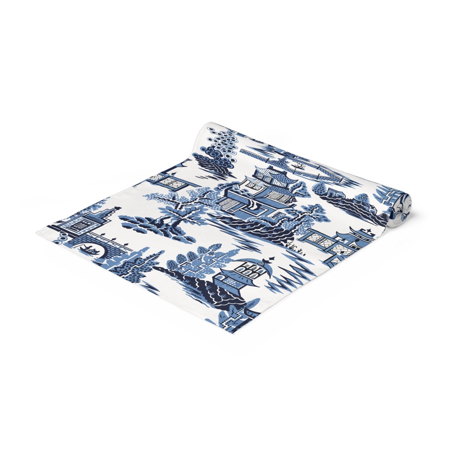Kate McEnroe New York Blue Willow Pagoda Table Runner, Traditional Blue White Asian Scene Dining Table LinensTable Runners54814726423059640938