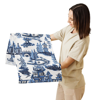 Kate McEnroe New York Blue Willow Pagoda Table Runner, Traditional Blue White Asian Scene Dining Table LinensTable Runners54814726423059640938