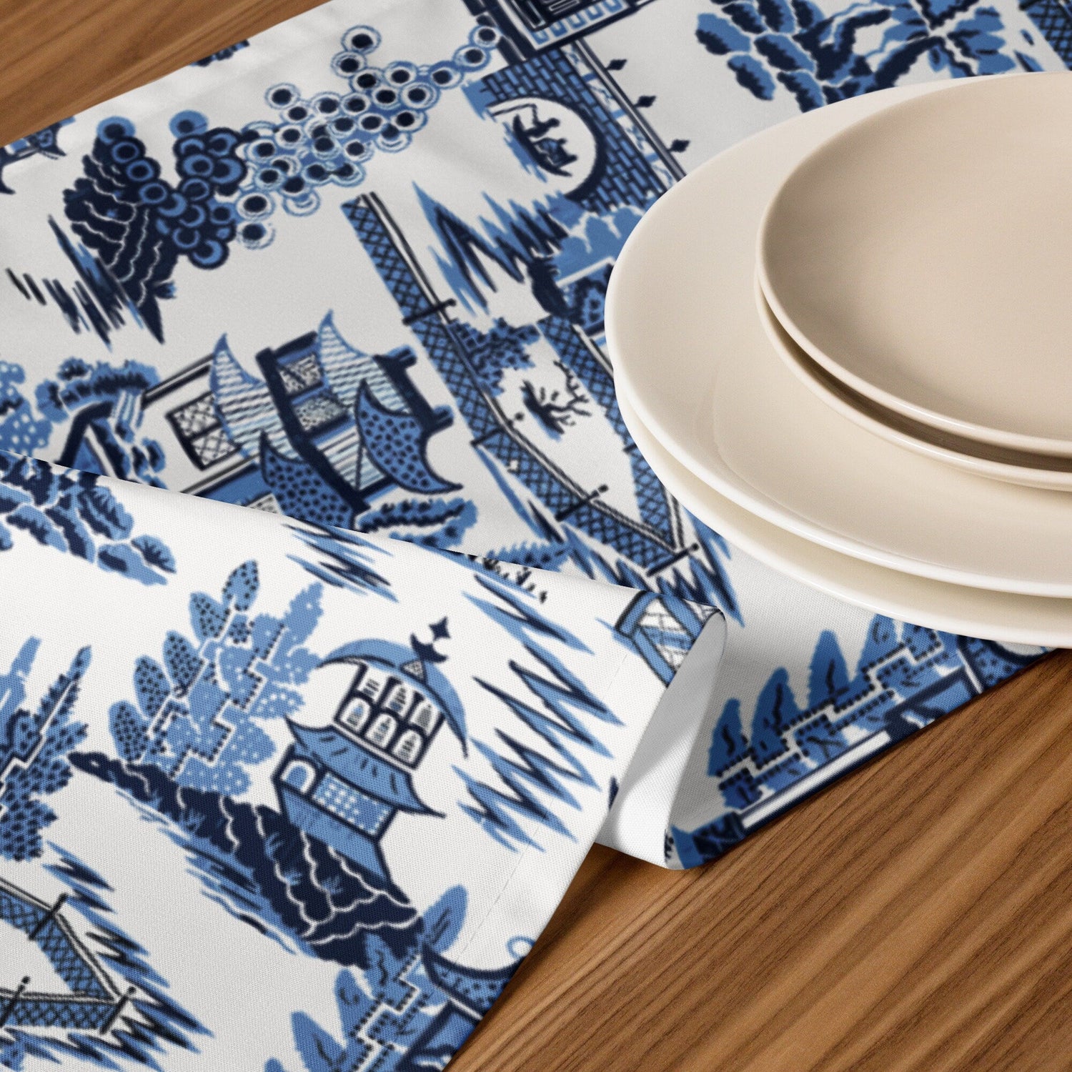 Kate McEnroe New York Blue Willow Pagoda Table Runner, Traditional Blue White Asian Scene Dining Table LinensTable Runners54814726423059640938
