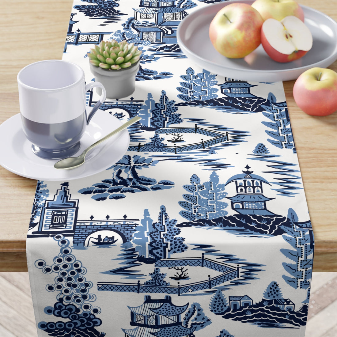 Kate McEnroe New York Blue Willow Pagoda Table Runner, Traditional Blue White Asian Scene Dining Table LinensTable Runners54814726423059640938