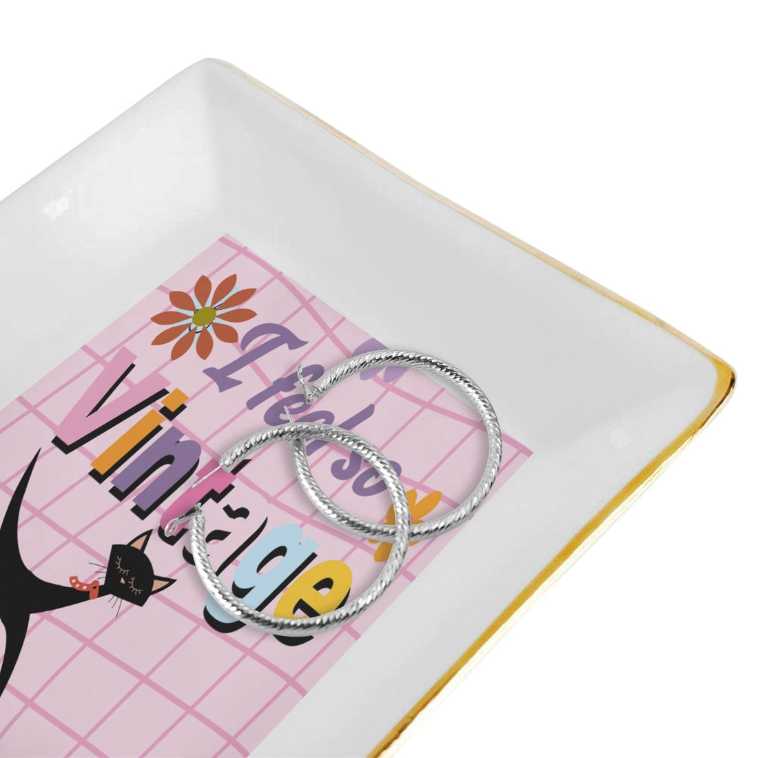 interestprint Boho Chic Atomic Cat “I Feel So Vintage” Ceramic Catchall Dish Jewelry Tray One Size D2874517
