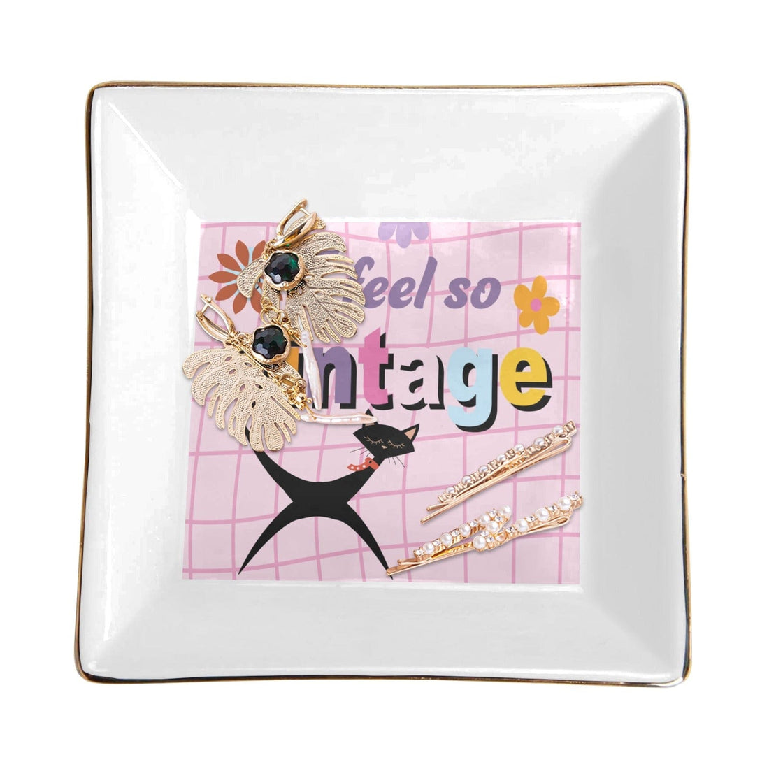 Kate McEnroe New York Boho Chic Atomic Cat “I Feel So Vintage” Ceramic Catchall DishJewelry DishD2874517