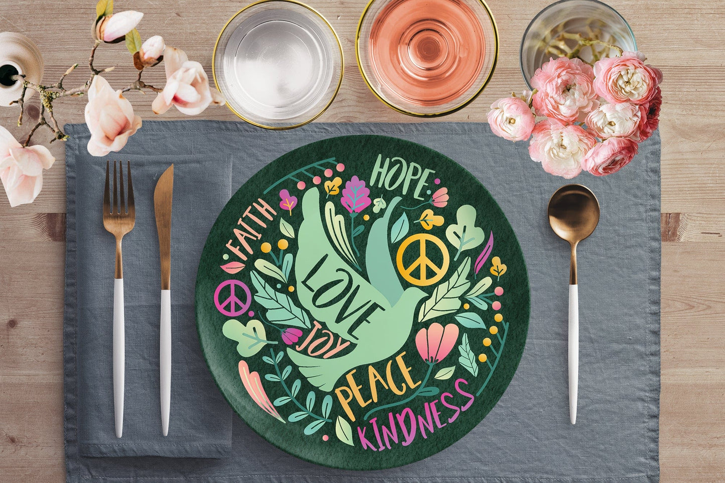 Kate McEnroe New York Boho Floral Dinner Plate, Peace Hope Faith Kindness Love Joy Decorative Plate Plates Single P20-FLO-JOY-84