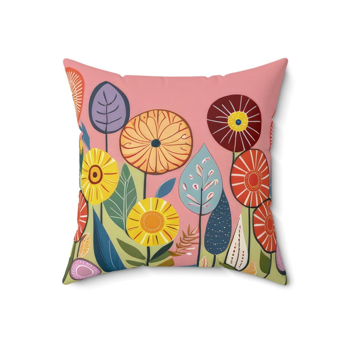 Kate McEnroe New York Boho Whimsical Floral Throw Pillow, Vibrant Folk Art Flowers on Pink Accent Pillow, Cottagecore Living Room, Bedroom Decor Throw Pillows