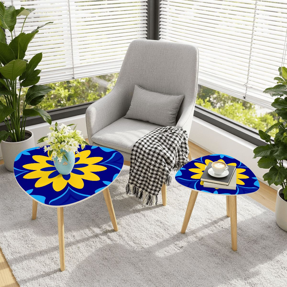 Kate McEnroe New York Bold Graphic Daisy 1960s Mod Cobalt Blue Yellow Floral Nesting TablesNesting Tables466SfLPcHE