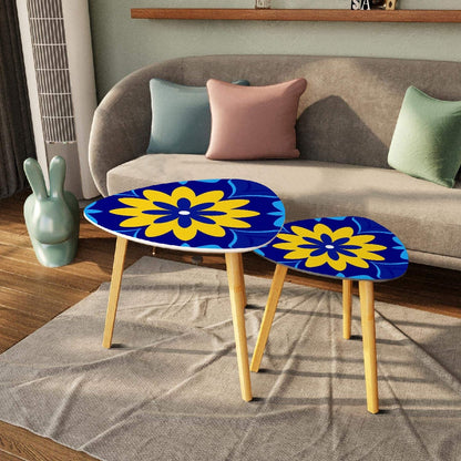 Kate McEnroe New York Bold Graphic Daisy 1960s Mod Cobalt Blue Yellow Floral Nesting TablesNesting Tables466SfLPcHE