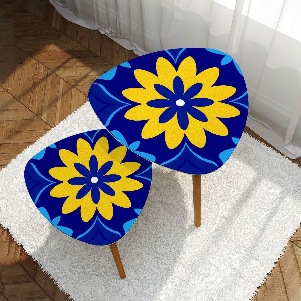 Kate McEnroe New York Bold Graphic Daisy 1960s Mod Cobalt Blue Yellow Floral Nesting TablesNesting Tables466SfLPcHE