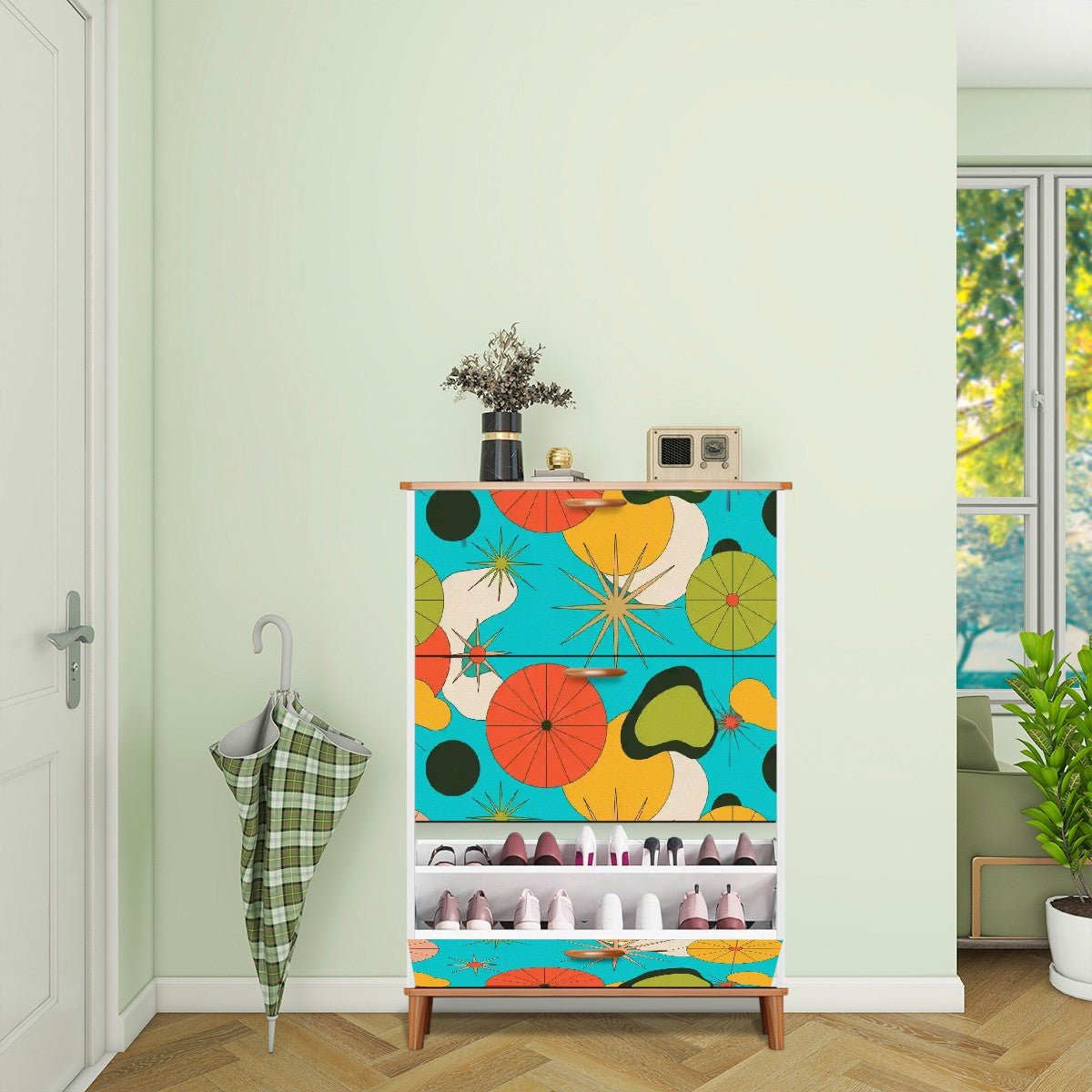 Kate McEnroe New York Boomerang Orb Shoe Cabinet, Mid Century Modern 50s Entryway Storage, Retro Starburst Mod Furniture AccentShoe StorageUVeuBqqWj7