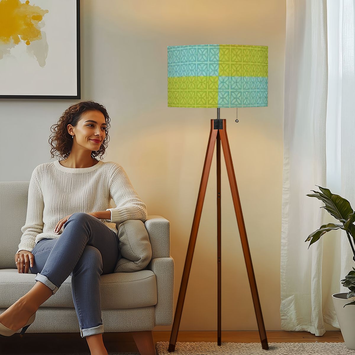 Kate McEnroe New York Breeze Block Tripod Floor Lamp, Mid Century Modern Teal Green Patchwork LightingFloor Lamps35mYDl20ts