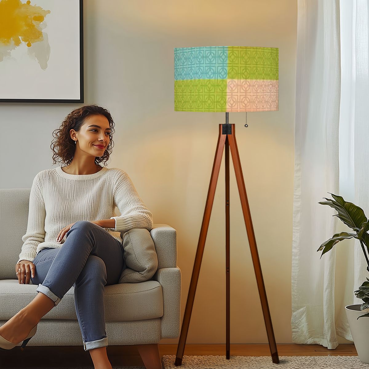Kate McEnroe New York Breeze Block Tripod Floor Lamp, Retro Mid Century Patchwork Teal Green LightingFloor LampsfftkFWXmUO