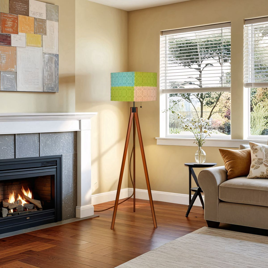 Kate McEnroe New York Breeze Block Tripod Floor Lamp, Retro Mid Century Patchwork Teal Green LightingFloor LampsfftkFWXmUO