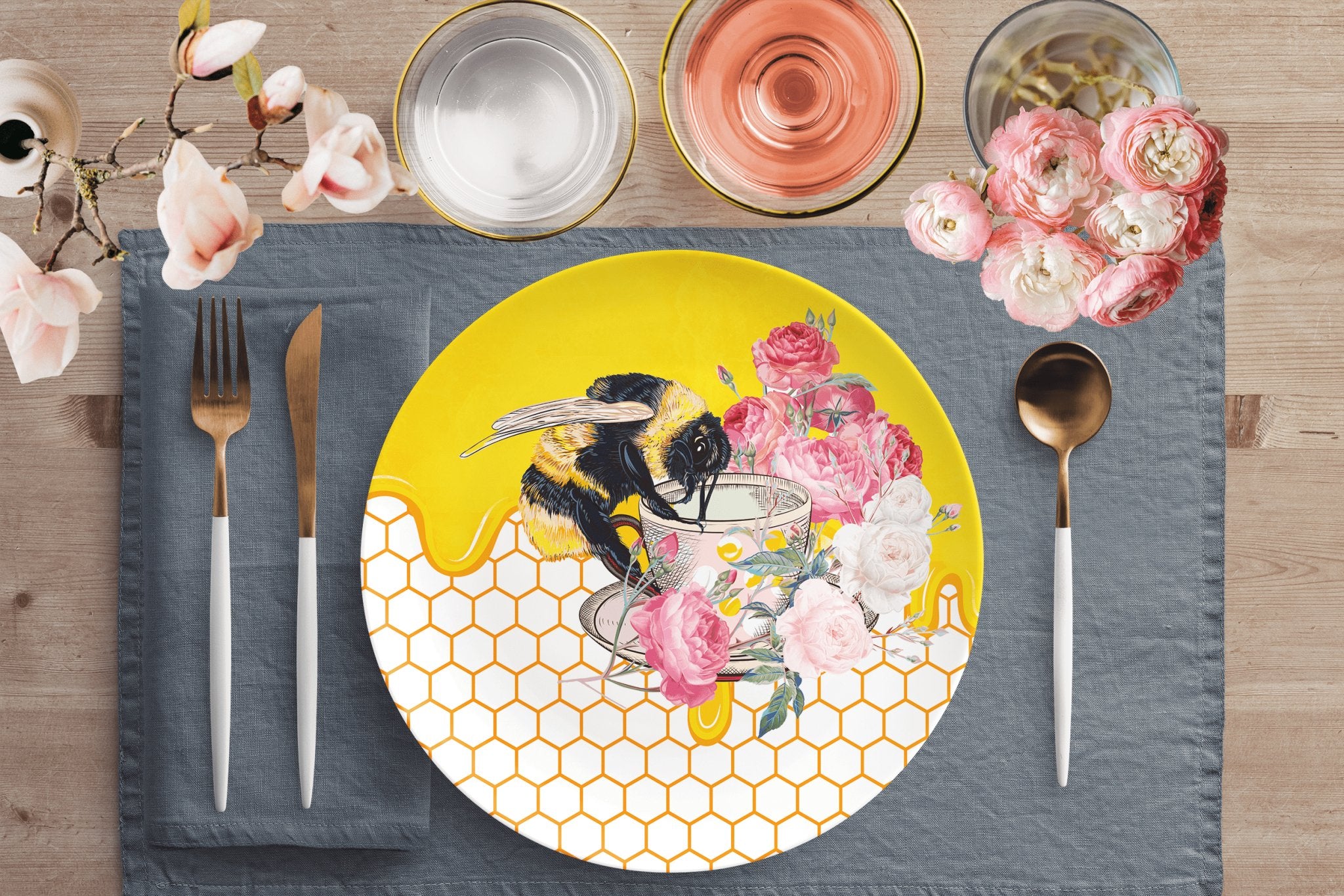 Bumblebee Honeycomb and Rose Flowers Dinner Plates Kate McEnroe New York