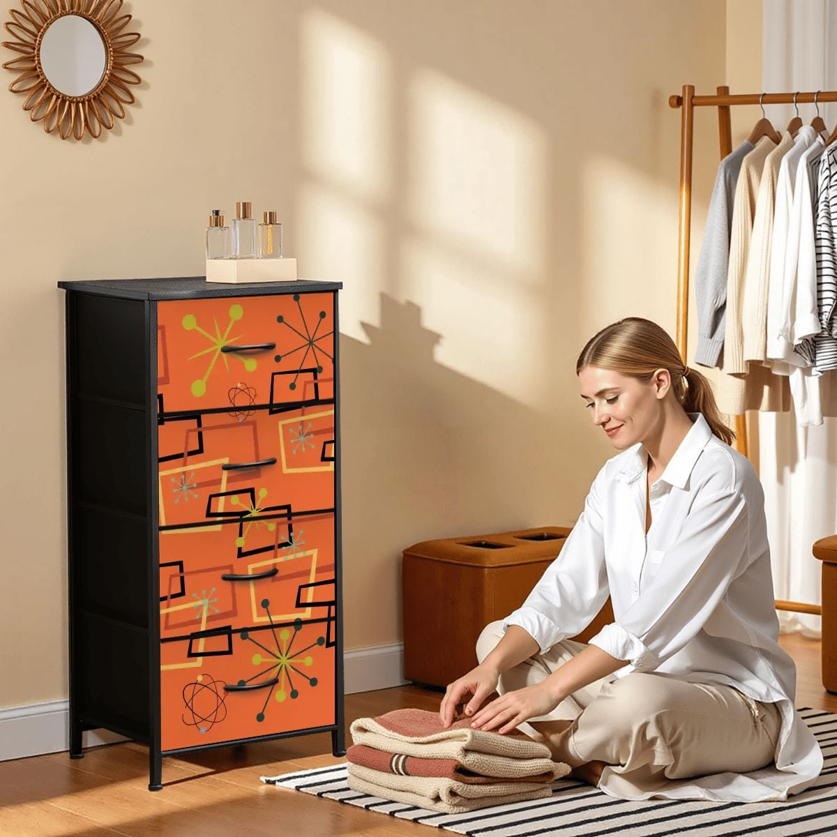 Kate McEnroe New York Burnt Orange Geometric Starburst Retro Mid Century Modern 4 Drawer DresserDressersrs4ZS7KH3d