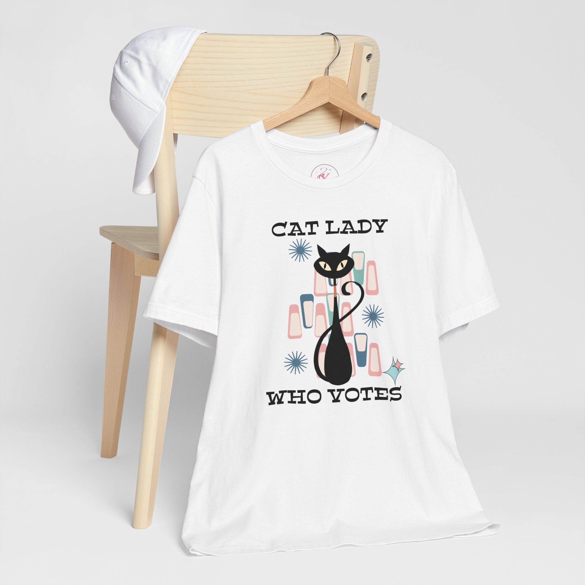 Kate McEnroe New York Cat Lady Who Votes T - Shirt, Retro Mid Century Modern Style, Atomic Cat Design, Women&