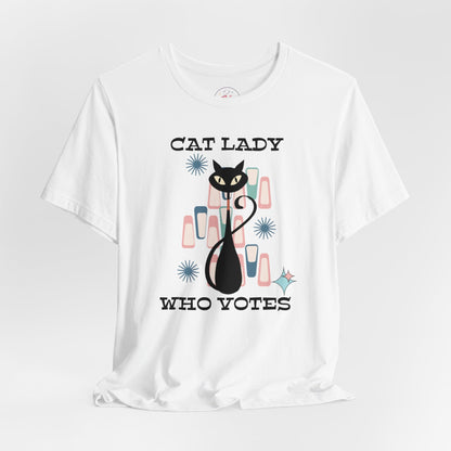 Kate McEnroe New York Cat Lady Who Votes T - Shirt, Retro Mid Century Modern Style, Atomic Cat Design, Women&