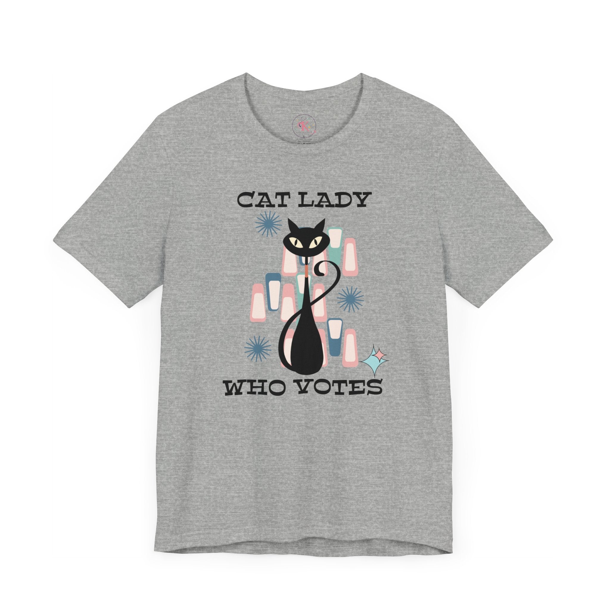 Kate McEnroe New York Cat Lady Who Votes T - Shirt, Retro Mid Century Modern Style, Atomic Cat Design, Women&