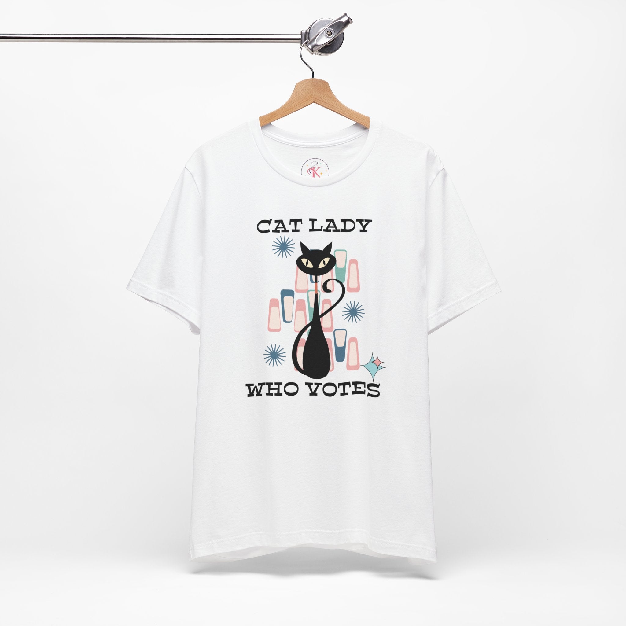 Kate McEnroe New York Cat Lady Who Votes T - Shirt, Retro Mid Century Modern Style, Atomic Cat Design, Women&